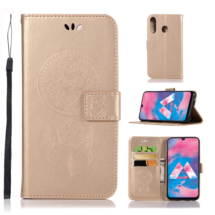 Imprint Dream Catcher Owl Leather Wallet Stand Cover for Samsung Galaxy M30 - Gold-1