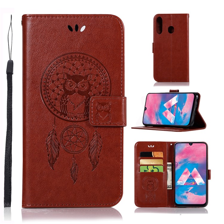 Imprint Dream Catcher Owl Leather Wallet Stand Cover for Samsung Galaxy M30 - Brown-1