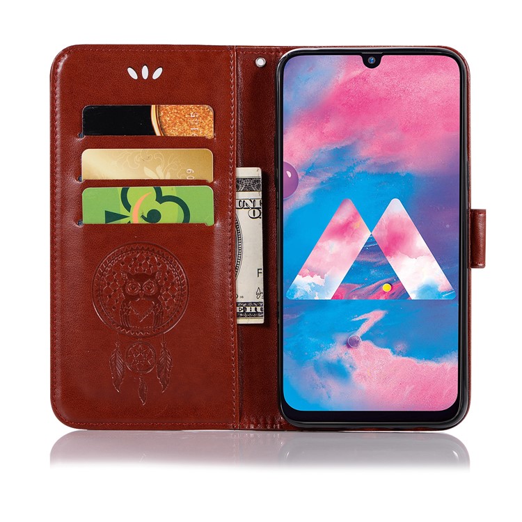 Imprint Dream Catcher Owl Leather Wallet Stand Cover for Samsung Galaxy M30 - Brown-4