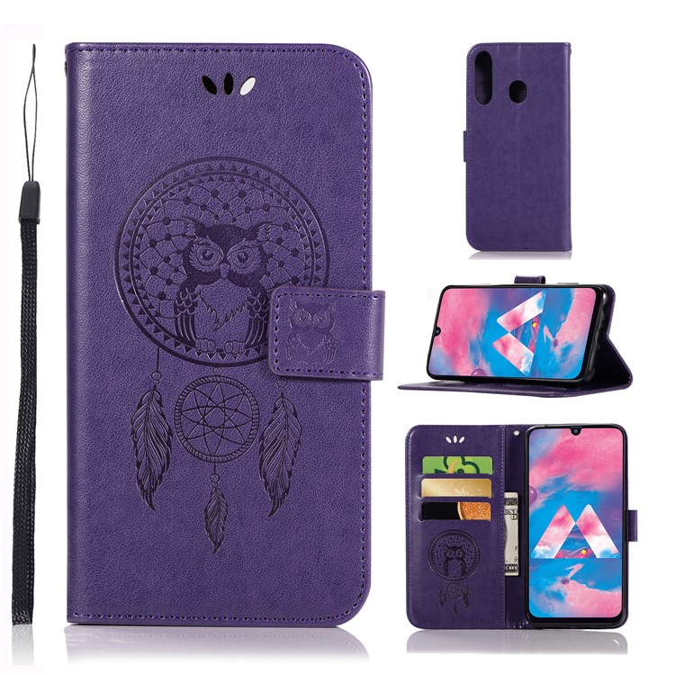 Imprint Dream Catcher Owl Leather Wallet Stand Cover for Samsung Galaxy M30 - Purple-1