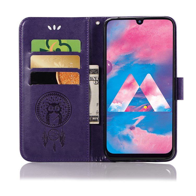 Imprint Dream Catcher Owl Leather Wallet Stand Cover for Samsung Galaxy M30 - Purple-4