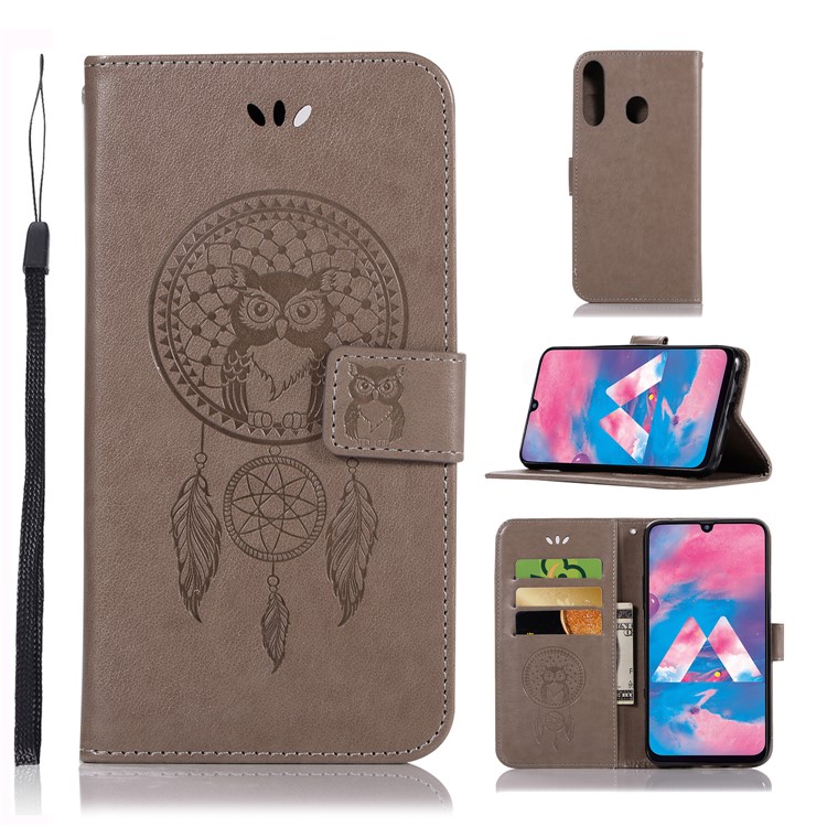Imprint Dream Catcher Owl Leather Wallet Stand Cover for Samsung Galaxy M30 - Grey-1