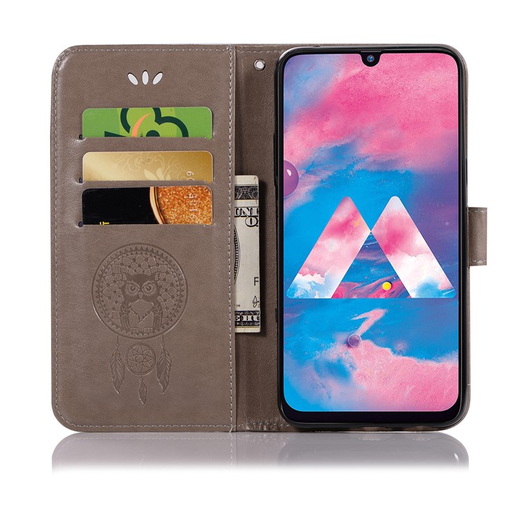 Imprint Dream Catcher Owl Leather Wallet Stand Cover for Samsung Galaxy M30 - Grey-4