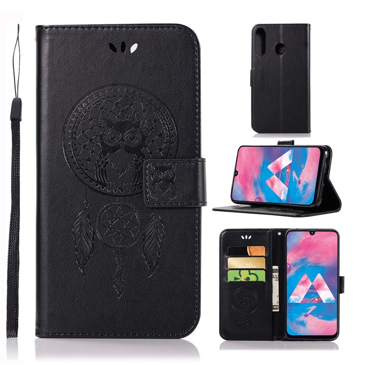 Imprint Dream Catcher Owl Leather Wallet Stand Cover for Samsung Galaxy M30 - Black-1