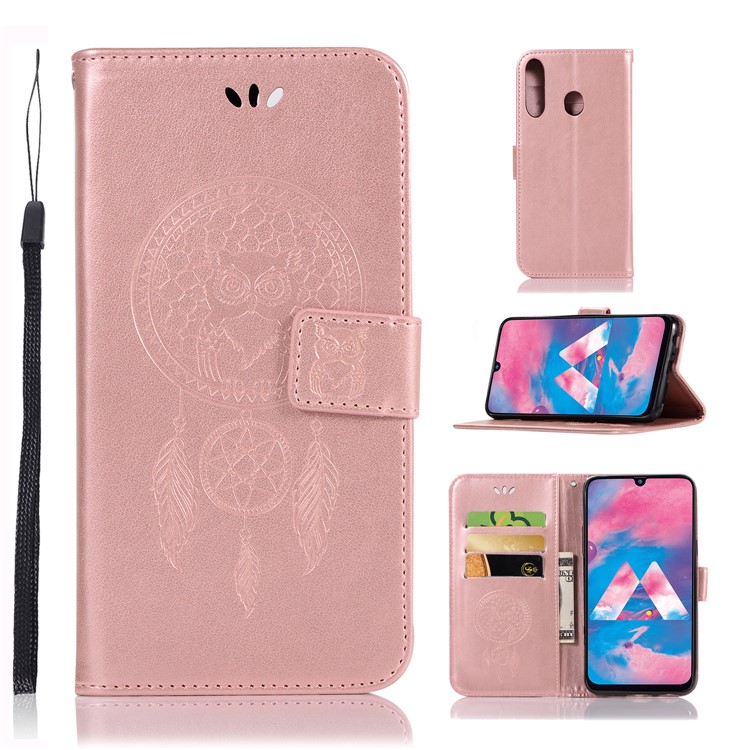 Imprint Dream Catcher Owl Leather Wallet Stand Cover for Samsung Galaxy M30 - Rose Gold-1