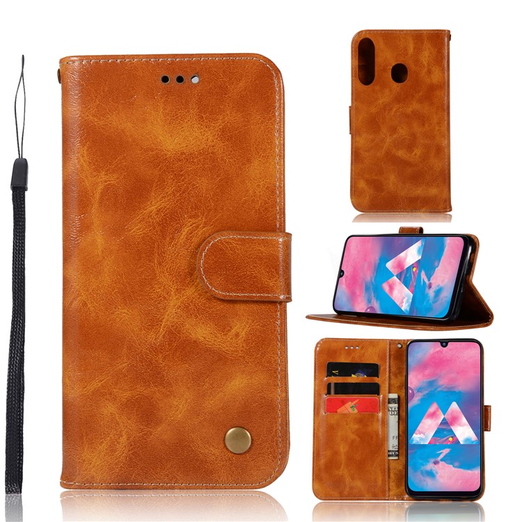 Premium Vintage Leather Wallet Case for Samsung Galaxy M30 - Brown-1
