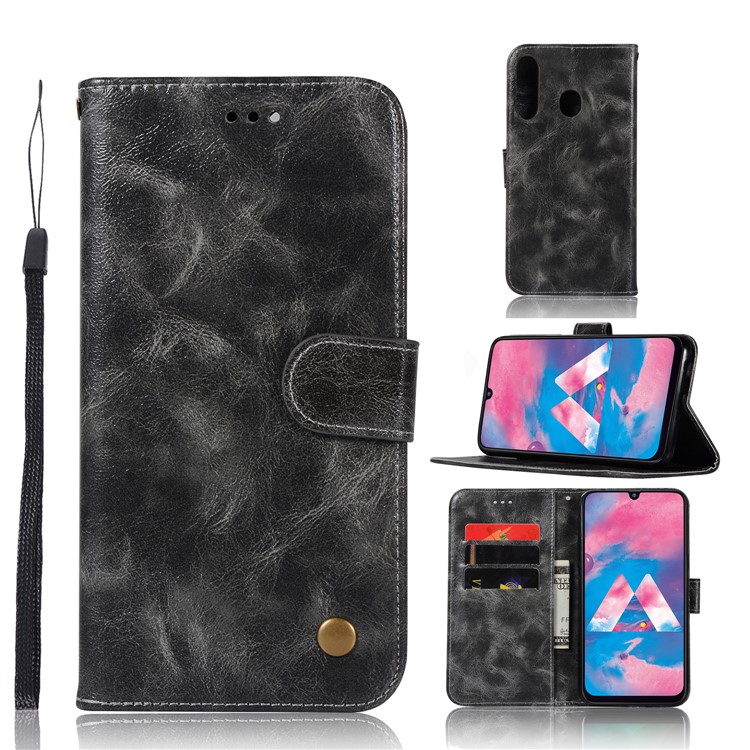 Premium Vintage Leather Wallet Case for Samsung Galaxy M30 - Grey-1