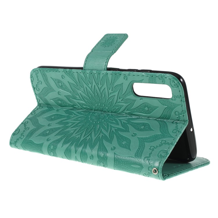 Imprint Sunflower PU Leather Wallet Magnetic Stand Cover for Samsung Galaxy A50 / A50s / A30s - Cyan-3