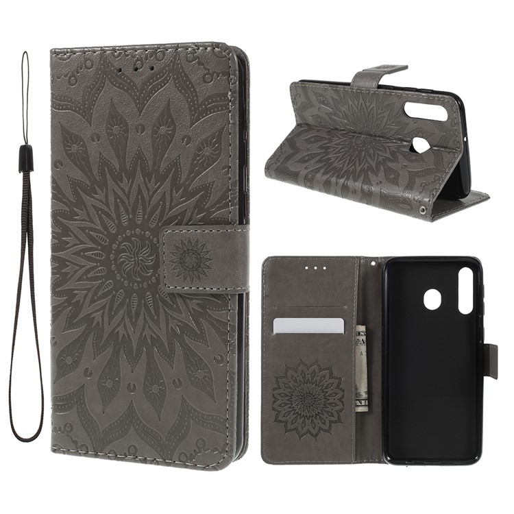 Imprint Sunflower PU Leather Wallet Magnetic Stand Cover for Samsung Galaxy M30 / A40s - Grey-1