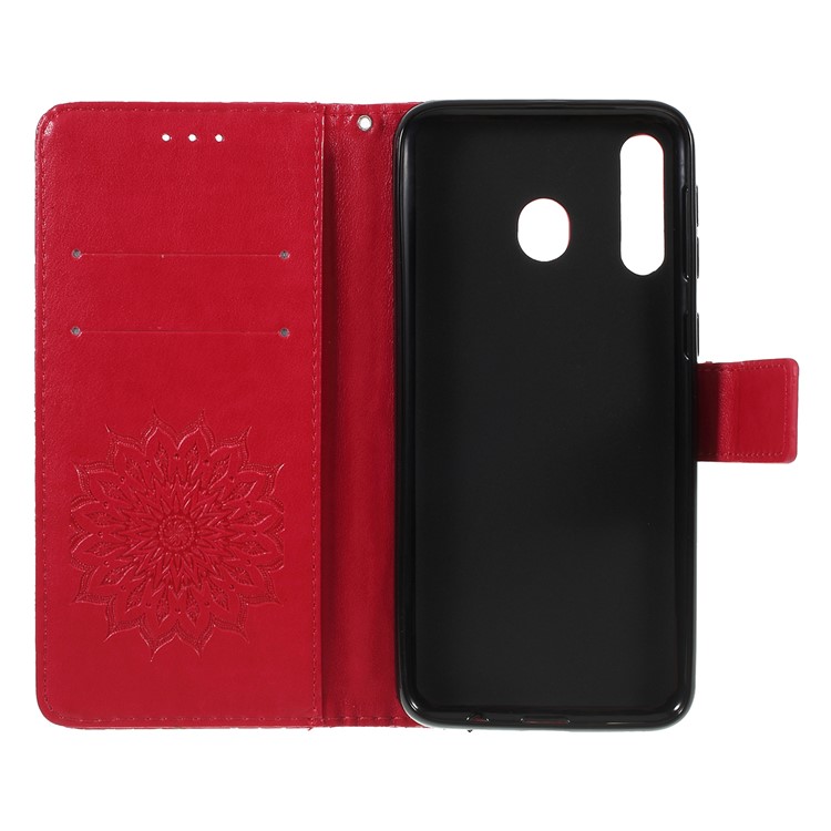 Imprint Sunflower PU Leather Wallet Magnetic Stand Cover for Samsung Galaxy M30 / A40s - Red-4