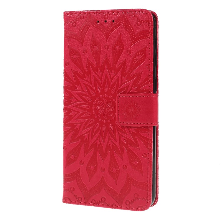 Imprint Sunflower PU Leather Wallet Magnetic Stand Cover for Samsung Galaxy M30 / A40s - Red-5