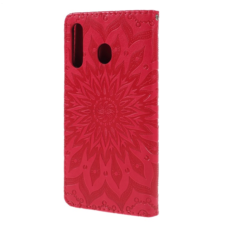 Imprint Sunflower PU Leather Wallet Magnetic Stand Cover for Samsung Galaxy M30 / A40s - Red-6