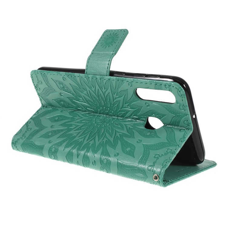 Imprint Sunflower PU Leather Wallet Magnetic Stand Cover for Samsung Galaxy M30 / A40s - Cyan-3