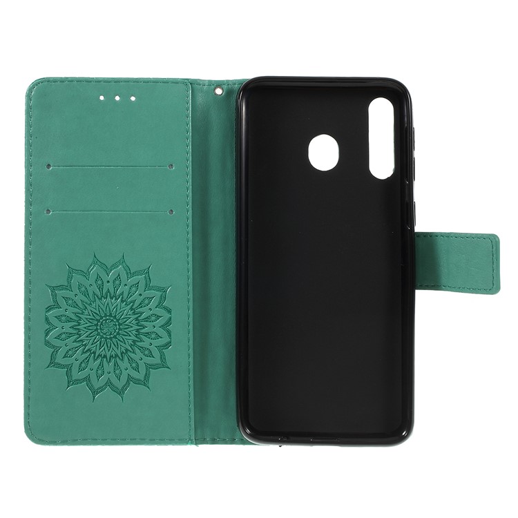 Imprint Sunflower PU Leather Wallet Magnetic Stand Cover for Samsung Galaxy M30 / A40s - Cyan-4