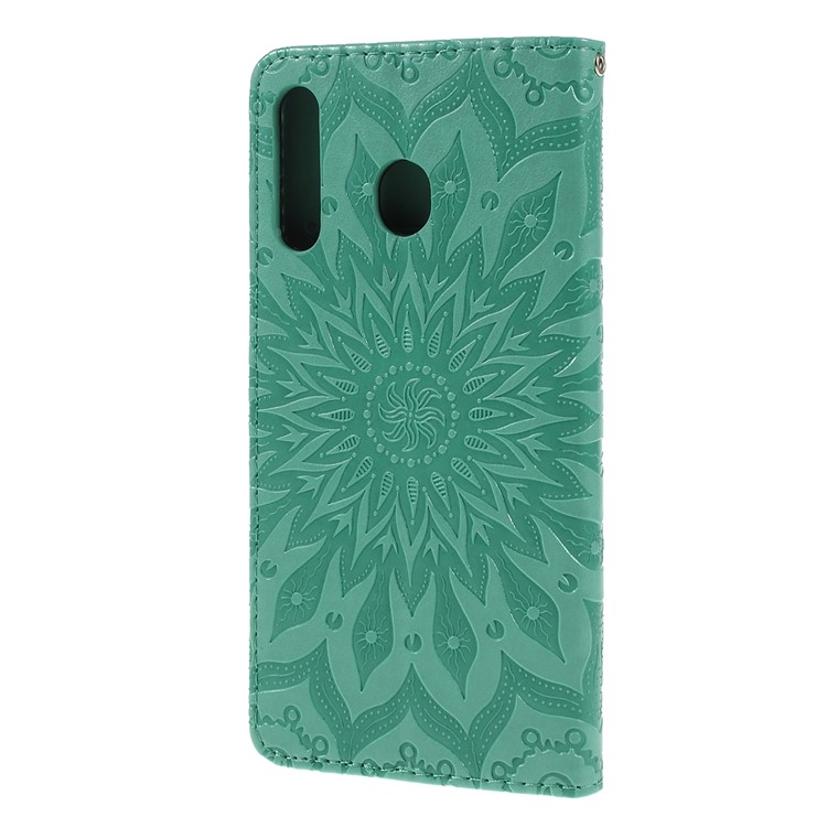 Imprint Sunflower PU Leather Wallet Magnetic Stand Cover for Samsung Galaxy M30 / A40s - Cyan-6