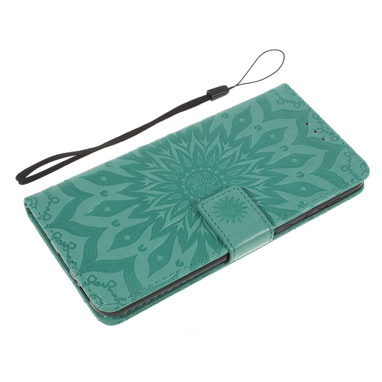 Imprint Sunflower PU Leather Wallet Magnetic Stand Cover for Samsung Galaxy M30 / A40s - Cyan-7