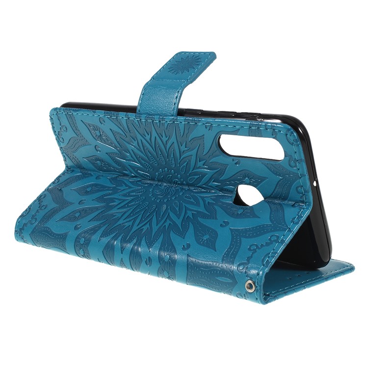 Imprint Sunflower PU Leather Wallet Magnetic Stand Cover for Samsung Galaxy M30 / A40s - Blue-3
