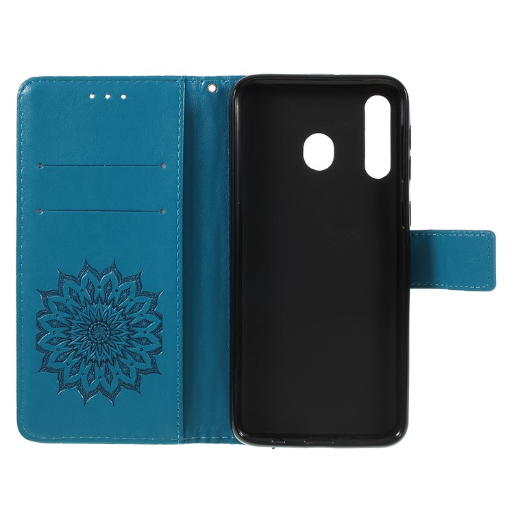 Imprint Sunflower PU Leather Wallet Magnetic Stand Cover for Samsung Galaxy M30 / A40s - Blue-4