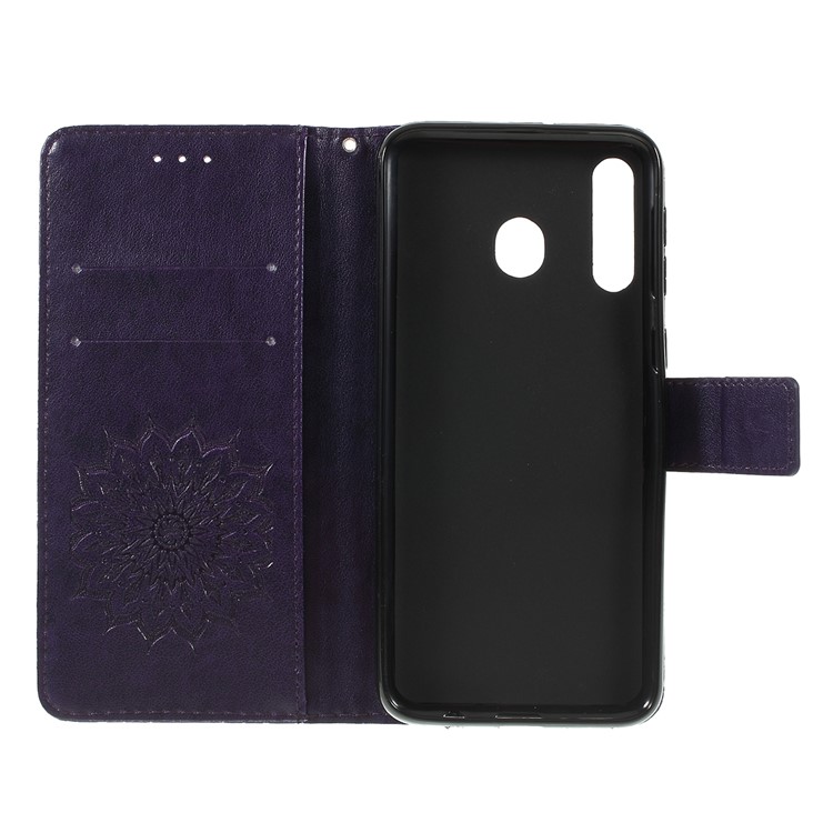 Imprint Sunflower PU Leather Wallet Magnetic Stand Cover for Samsung Galaxy M30 / A40s - Purple-4