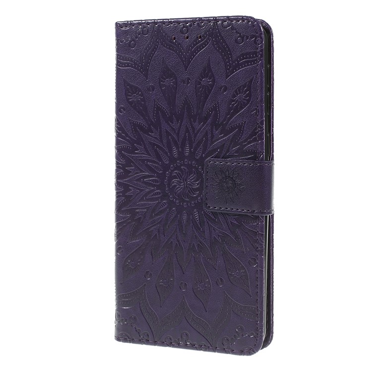 Imprint Sunflower PU Leather Wallet Magnetic Stand Cover for Samsung Galaxy M30 / A40s - Purple-5