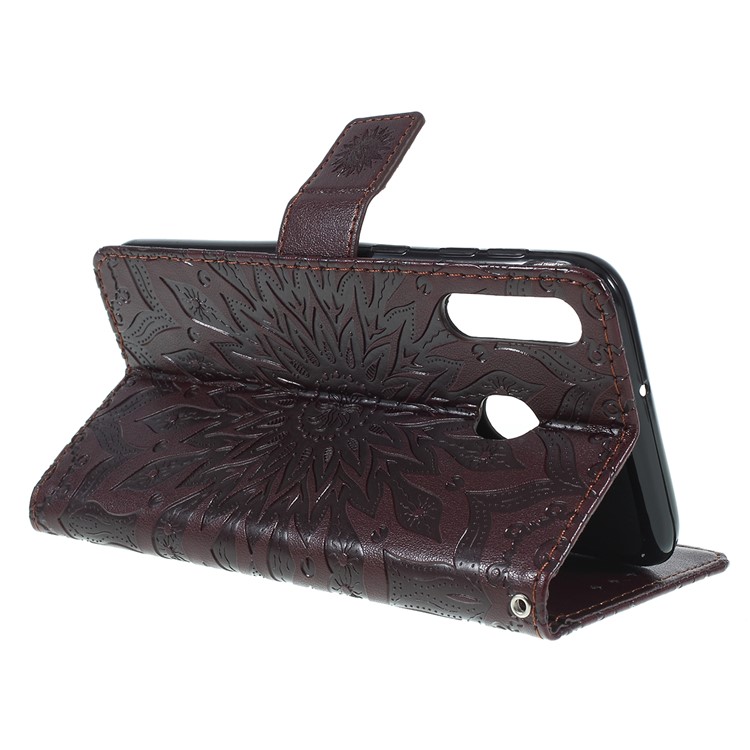 Imprint Sunflower PU Leather Wallet Magnetic Stand Cover for Samsung Galaxy M30 / A40s - Brown-3