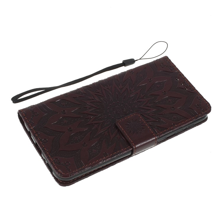 Imprint Sunflower PU Leather Wallet Magnetic Stand Cover for Samsung Galaxy M30 / A40s - Brown-7