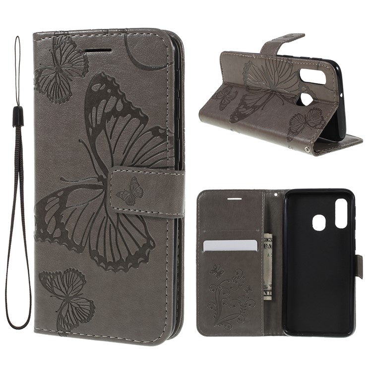 Imprint Butterfly Flowers Leather Stand Wallet Folio Case for Samsung Galaxy A40 - Grey-1