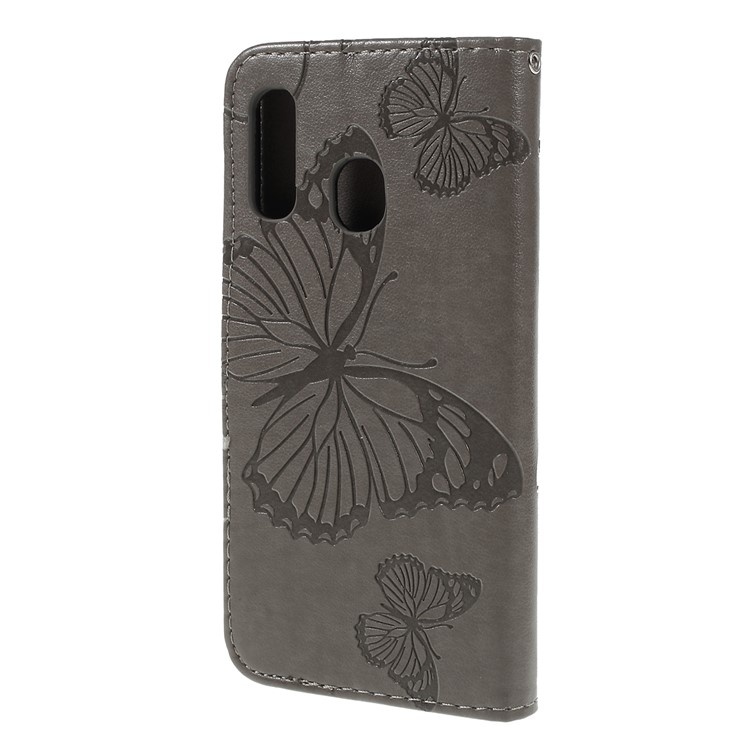 Imprint Butterfly Flowers Leather Stand Wallet Folio Case for Samsung Galaxy A40 - Grey-2