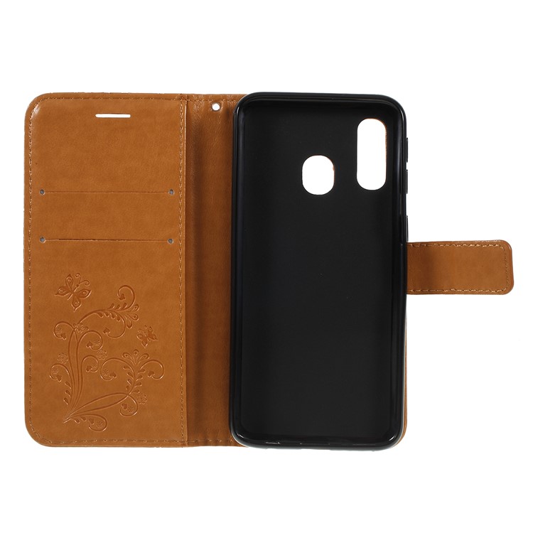 Imprint Butterfly Flowers Leather Stand Wallet Folio Case for Samsung Galaxy A40 - Brown-4