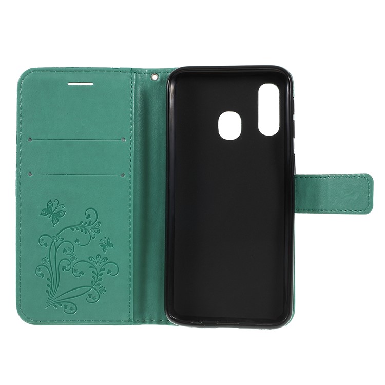 Imprint Butterfly Flowers Leather Stand Wallet Folio Case for Samsung Galaxy A40 - Cyan-4
