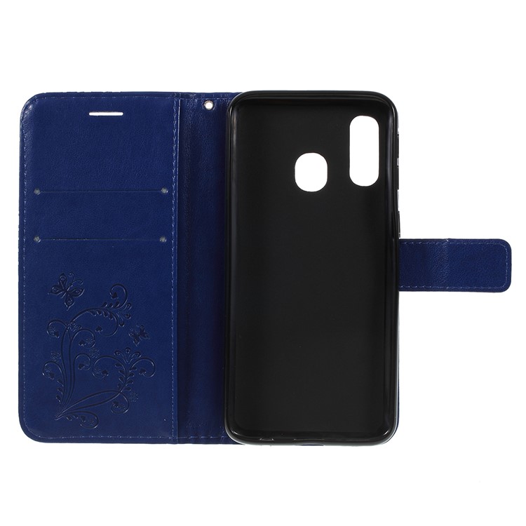 Imprint Butterfly Flowers Leather Stand Wallet Folio Case for Samsung Galaxy A40 - Blue-4