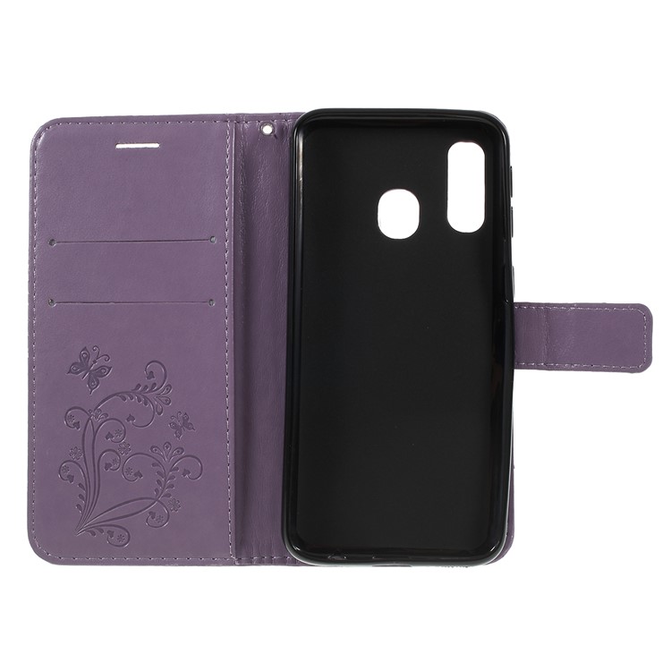 Imprint Butterfly Flowers Leather Stand Wallet Folio Case for Samsung Galaxy A40 - Purple-4