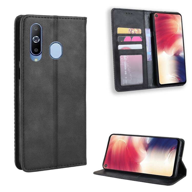 Auto-absorbed Vintage Leather Wallet Stand Shell for Samsung Galaxy A60 - Black-1