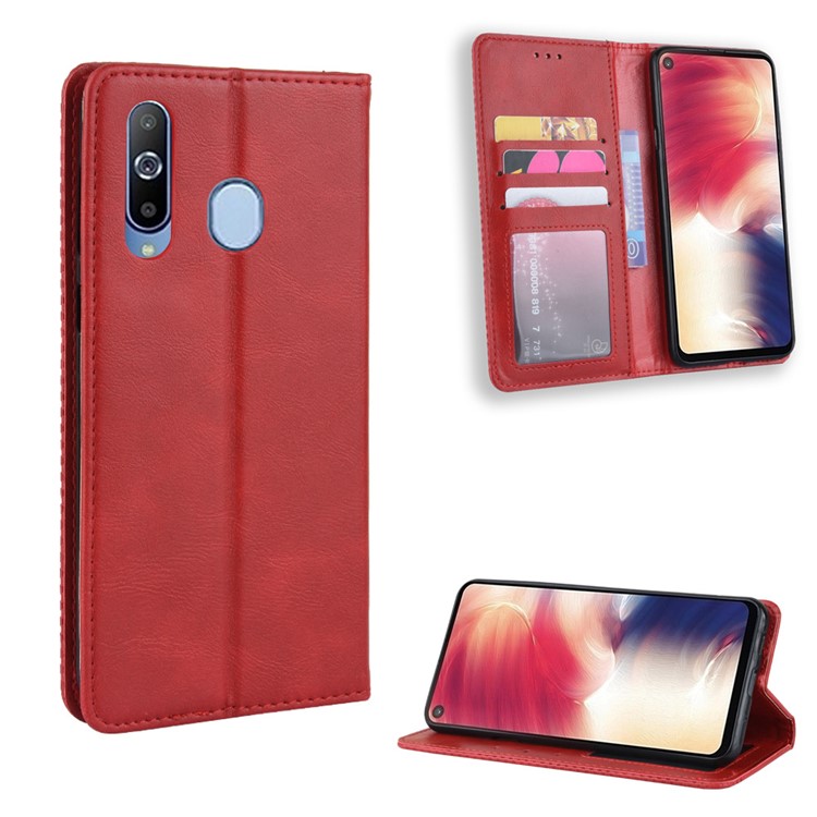 Auto-absorbed Vintage Leather Wallet Stand Shell for Samsung Galaxy A60 - Red-1
