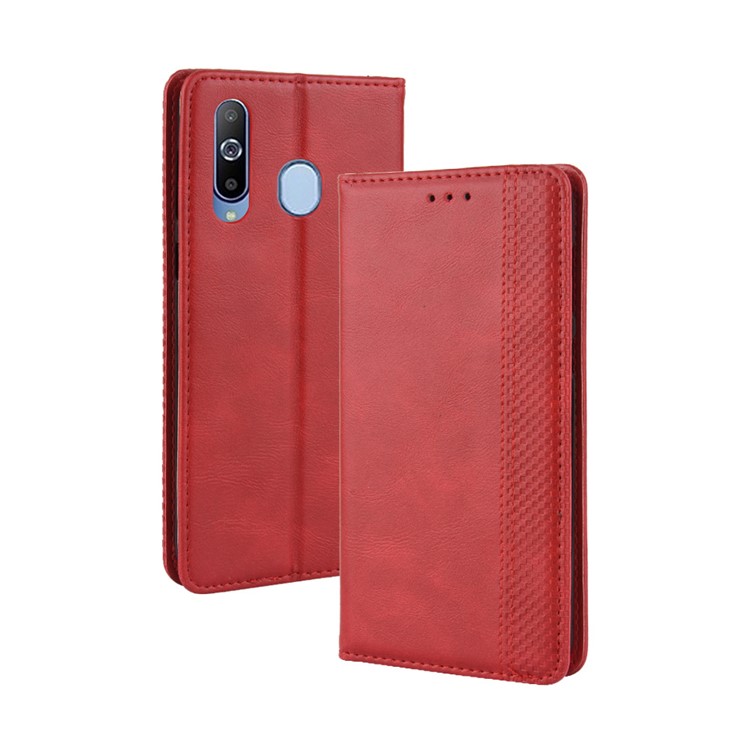 Auto-absorbed Vintage Leather Wallet Stand Shell for Samsung Galaxy A60 - Red-2