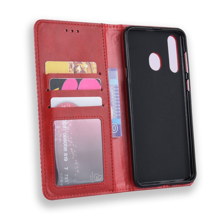 Auto-absorbed Vintage Leather Wallet Stand Shell for Samsung Galaxy A60 - Red-4