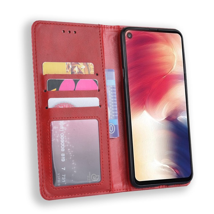 Auto-absorbed Vintage Leather Wallet Stand Shell for Samsung Galaxy A60 - Red-5