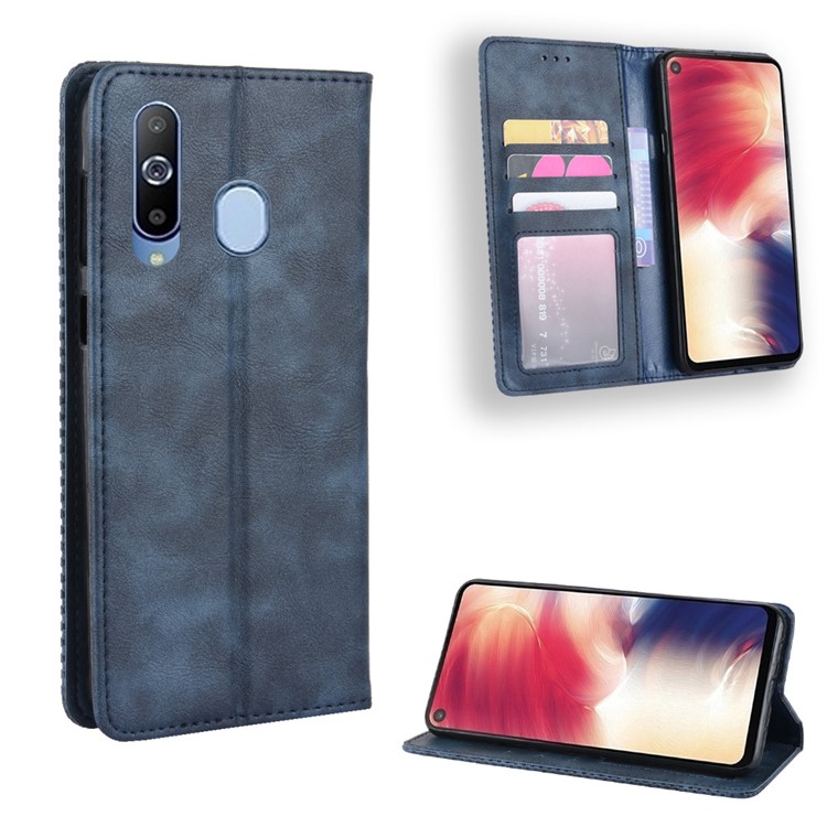 Auto-absorbed Vintage Leather Wallet Stand Shell for Samsung Galaxy A60 - Blue-1