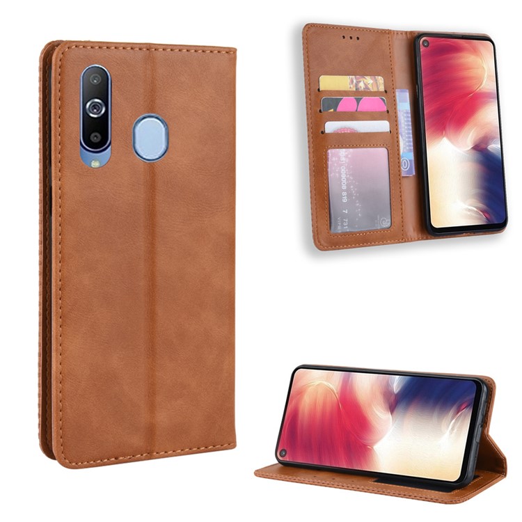 Auto-absorbed Vintage Leather Wallet Stand Shell for Samsung Galaxy A60 - Brown-1
