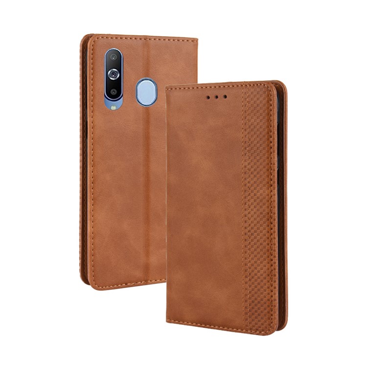 Auto-absorbed Vintage Leather Wallet Stand Shell for Samsung Galaxy A60 - Brown-2