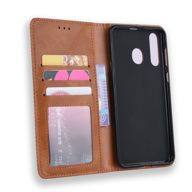 Auto-absorbed Vintage Leather Wallet Stand Shell for Samsung Galaxy A60 - Brown-4