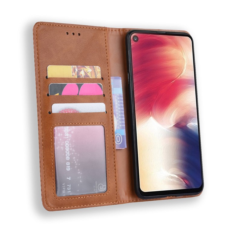 Auto-absorbed Vintage Leather Wallet Stand Shell for Samsung Galaxy A60 - Brown-5