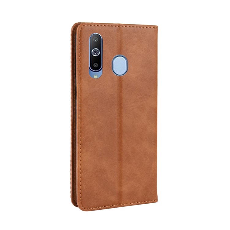 Auto-absorbed Vintage Leather Wallet Stand Shell for Samsung Galaxy A60 - Brown-7