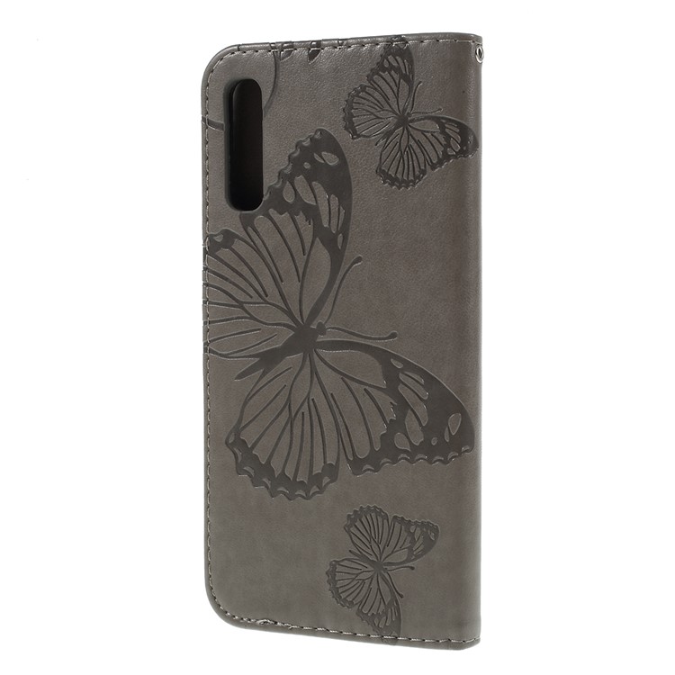 Imprint Butterfly Flowers Leather Stand Wallet Folio Case for Samsung Galaxy A70 - Grey-2
