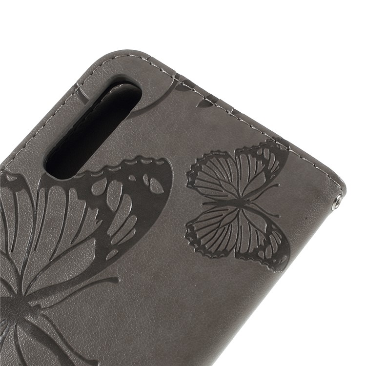 Imprint Butterfly Flowers Leather Stand Wallet Folio Case for Samsung Galaxy A70 - Grey-5