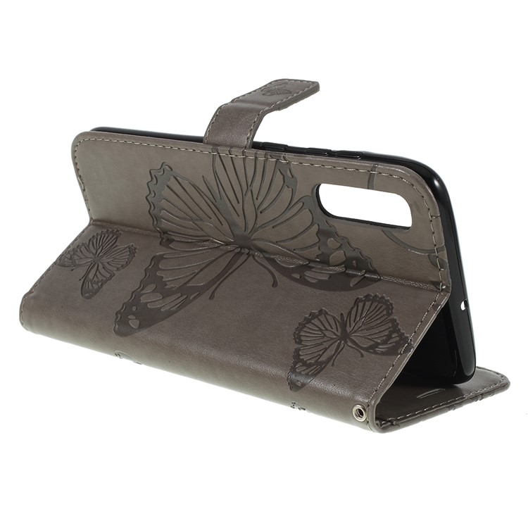 Imprint Butterfly Flowers Leather Stand Wallet Folio Case for Samsung Galaxy A70 - Grey-7