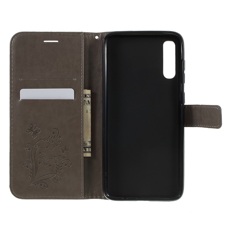 Imprint Butterfly Flowers Leather Stand Wallet Folio Case for Samsung Galaxy A70 - Grey-8