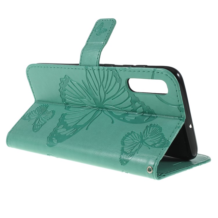 Imprint Butterfly Flowers Leather Stand Wallet Folio Case for Samsung Galaxy A70 - Cyan-3