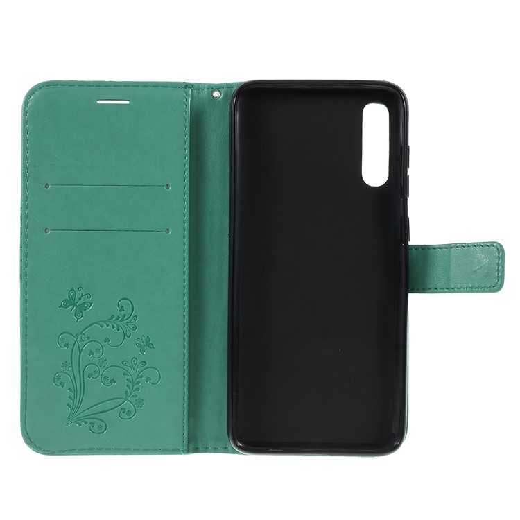 Imprint Butterfly Flowers Leather Stand Wallet Folio Case for Samsung Galaxy A70 - Cyan-4