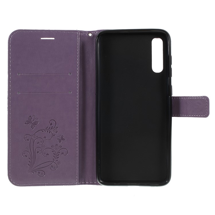 Imprint Butterfly Flowers Leather Stand Wallet Folio Case for Samsung Galaxy A70 - Purple-4